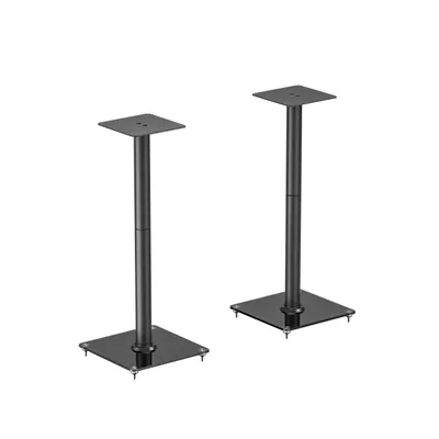Two black speaker stands are shown against a white background.