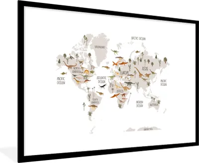 Produktbild von MuchoWow® Gerahmtes Poster Weltkarte Kinder - Dinosaurier - Kinderzimmer - Jungen - Mädchen - Kinder 90x60 cm - Poster mit Schwarzem Bilderrahmen Wandposter Rahmen Foto Bilder - Wanddekoration - Fotos