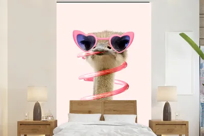 Produktbild von MuchoWow® Fototapete für Wohnzimmer oder Schlafzimmer Wandtapete Vinyl Motivtapete Strauß - Sonnenbrille - Rosa - Tiere - 170x260 cm - Wohnzimmertapete