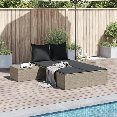 Produktbild von Doppelliege mit Kissen hellgrau Polyrattan Modulares Sitzgruppe für Garten Terrasse Balkon aus robustem Stahl pulverbeschichtet UV Pulverbeschichtet. stabile 2 Personen Liege