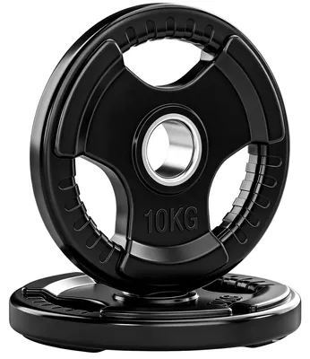 Zdjęcie produktu dla Zestaw 2 ciężarków SPORTNOW, Tri-Grip, 2 gumowane obciążenia olimpijskie po 10 kg, bezpieczne do położenia na podłodze, z otworem 5 cm, trzy uchwyty, do podnoszenia ciężarów i treningu siłowego