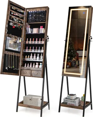 Immagine prodotto di Vetrina portagioie indipendente da 160 cm, espositore portagioie con serratura, LED a 3 colori, specchio a figura intera e 2 cassetti (marrone)