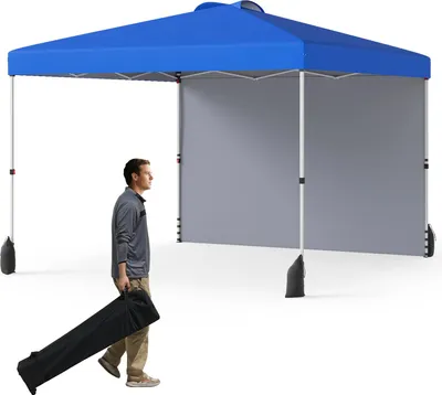 Produktbild von GOPLUS Pavillon 3 x 3 m, Gartenpavillon mit Seitenwand & 4 Sandsäcke, UV Schutz 50+, Pop up Faltpavillon mit Rolltasche, 8 Heringen, Blau
