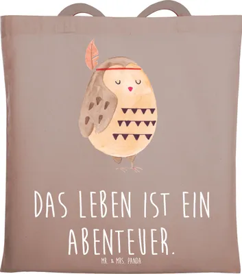 Produktbild von Mr. & Mrs. Panda Tote Bag Eule Federschmuck - Braun Pastell - Geschenk, Schultasche, Tasche, Tragetasche, mutig, Waldtiere, Dekoration, Abenteuer, Beutel, Laptoptasche