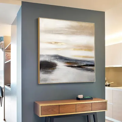 Abstraktes Ölgemälde auf Leinwand, Goldene Horizonte, 90x90 cm, handgemalt