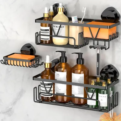 Produktbild von Duschablage Saugnapf Edelstahl Schwarz 3 Stück-Set ohne Bohren