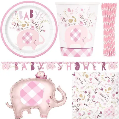 Produktbild von Baby Shower Mädchen rosa Partyset Geburt Babyparty Elefant Party Deko Dekoration