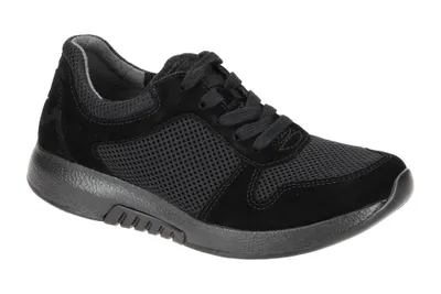 A black sneaker on a white background.