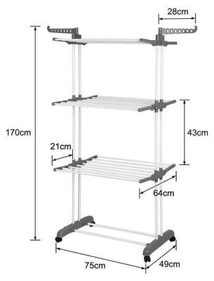 Zdjęcie produktu dla Suszarka do bielizny – 4-poziomowa z kółkami – składana – stal nierdzewna – 64 x 75 x 170 cm – do użytku wewnątrz i na zewnątrz – szaro-biała
