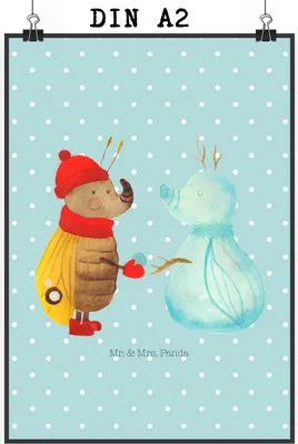 Produktbild von Mr. & Mrs. Panda Bild Nachtfalter Schneemann DIN A2 - Türkis Pastell - Geschenk, kunstposter, drucke, Winter, Weihnachten, wanddeko, Deko, Plakat, Schnee, Winterzeit