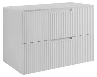 Produktbild von RODAN | Waschbeckenunterschrank 80 cm - Weiß - Geriffelte Fronten - Hängender Waschtisch - Soft-Close - Arbeitsplatte in Weißmarmoroptik