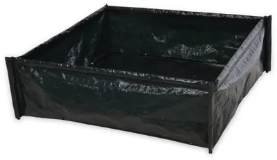 A square, dark green raised garden bed or planter is shown from a slightly elevated, diagonal angle against a white background.