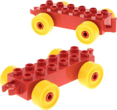 Produktbild von 2x Lego Duplo Anhänger 2x6 rot Reifen Rad gelb Schiebe Zug ohne Steg 2312c01