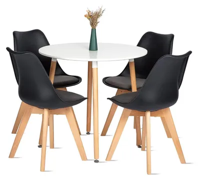 Produktbild von Esstisch Rund mit 4 Stühlen Essgruppe Weiß MDF Buchenholz Samt 80x80x75 cm