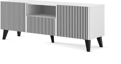 Zdjęcie produktu dla Szafka TV RAVENNA P 150 cm 2D1S BIAŁY MAT / CZARNY MAT z frezowanym frontem MDF szafka dolna szafka TV CZARNE NOGI