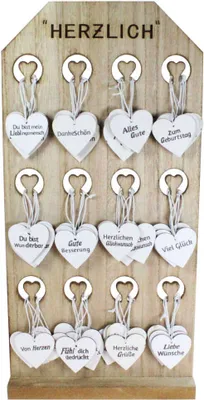 Produktbild von Aufsteller Holz mit 48 Herzen mit Spruch Geschenkanhänger Wünsche Grüße Hänger