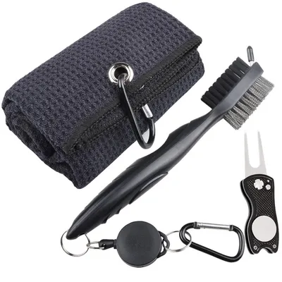 Produktbild von Golfzubehörset 3-teilig mit Golfhandtuch, Reinigungsbürste mit Ausziehclip und klappbarer Pitchgabel mit Ballmarker