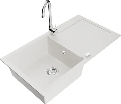 Produktbild von Mexen Leo 1 Becken-Granitspüle mit Abtropffläche und Mischbatterie Telma, Weiß - 6501-20-670200-00