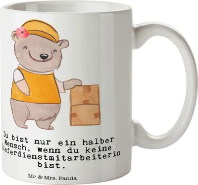 Produktbild von Mr. & Mrs. Panda Becher Lieferdienstmitarbeiterin Herz - Weiß - Geschenk, Pizzabringdienst, Keramiktasse, Tasse, Kaffeebecher, mit Motiv, Witzig, Kakaotasse, Kaffeetasse