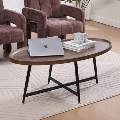 Produktbild von AIORBER Couchtisch Oval 110x55x45cm Wohnzimmertisch Holz-Optik & Metallgestell Beistelltisch Modern Braun
