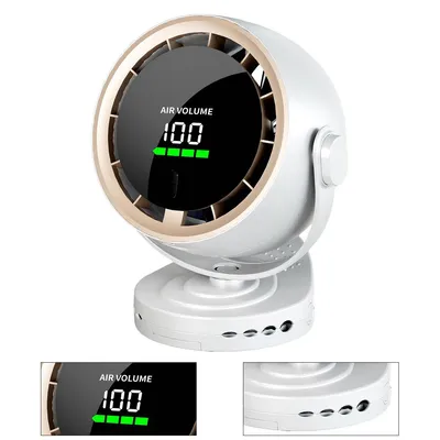 A white desk fan with a digital display showing air volume and a battery indicator.