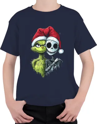 Produktbild von Grinch Jack Skellington Weihnachten Totenkopf gruselig Gothic Uni Kinder T-Shirt, Navy, 116
