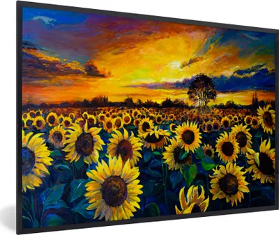 Produktbild von MuchoWow® Gerahmtes Poster Gemälde - Ölfarbe - Blumen - Sonnenblume 90x60 cm - Poster mit Schwarzem Bilderrahmen Wandposter Rahmen Foto Bilder - Fotorahmen - Foto-Plakat