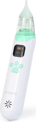 A white electronic nasal aspirator with green accents and a digital display.