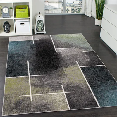 Produktbild von Designer Teppich Kariert Modern Trendig Meliert Eyecatcher in Grau Türkis Grün Grösse 70x250 cm