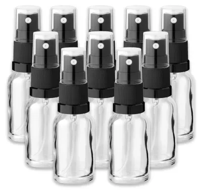 Produktbild von 10x Klare Glasflasche 15 ml mit schwarzem Zerstäuber Pumpspray leer