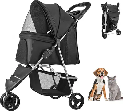 Produktbild von Hundewagen, Tragkraft 16 kg, faltbarer Tierbuggy, Katzenwagen mit 3 Rädern, Netzfenstern & Getränkehaltern, Hundebuggy mit Bremse