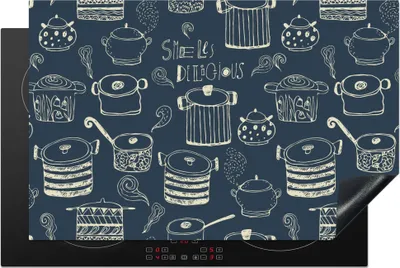 Produktbild von KitchenYeah© Herdabdeckplatte Muster - Pfannen - Kochen , 81x52cm, Küche Deko, Glaskeramikkochfeld Herdabdeckung, Abdeckplatte fùr Kochfeld