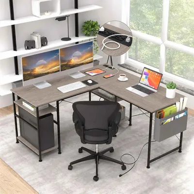 Obrázek produktu pro Psací stůl Zimilo L-tvar, s zásuvkami a USB porty, rohový psací stůl 140x140 cm s úložným prostorem a háčky, počítačový stůl pro domácí kancelář, šedá barva