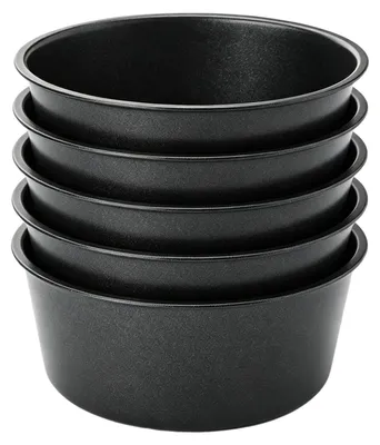 Obrázek produktu pro 6 kusů, kulaté formy na pečení o průměru 8 cm, vyrobené z nepřilnavé oceli s uhlíkovým povrchem, vhodné na muffiny, pudinky a koláče, celistvá konstrukce, opakovaně použitelné