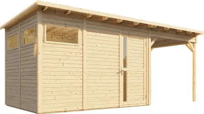 Produktbild von Gartenhaus Kiel 03 mit Anbaudach inkl. Fußboden, Naturbelassen - 19 mm Elementgartenhaus, Nutzfläche: 7,70 m², Flachdach