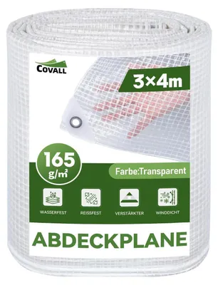 Zdjęcie produktu dla Przejrzysta plandeka z oczkami, 3x4 metry, wodoodporna, odporna na rozdarcia, stabilizowana UV