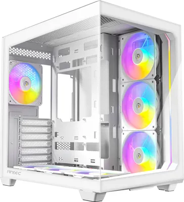A white computer case with multiple RGB fans visible inside.