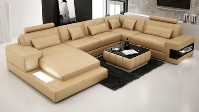 Immagine prodotto di Divano ad angolo in pelle, imbottito, per soggiorno, divano, componibile ad angolo, forma a "U", color beige