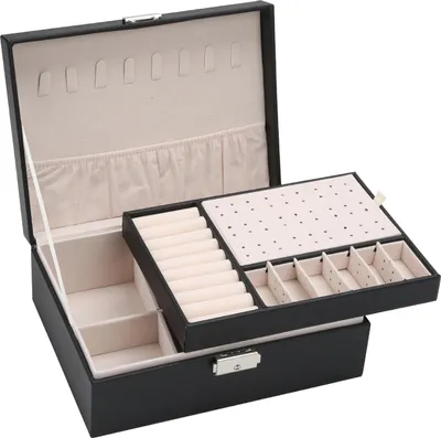 Produktbild von Hebitod Schmuckkasten Doppelschicht Aufbewahrungskoffer für Ringe Ohrringe Armbänder Halsketten Schmuck Veranstalter Geschenkbox für Frauen und Mädchen Schwarz