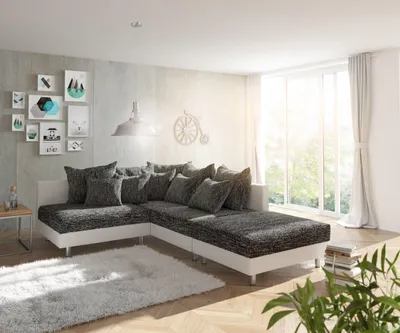 Produktbild von DELIFE Ecksofa Clovis Weiss Schwarz mit Hocker Ottomane Rechts modular