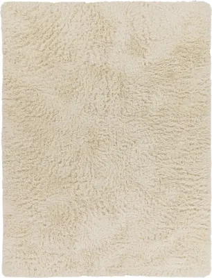 A close-up, top-down view of a cream-colored shaggy rug.