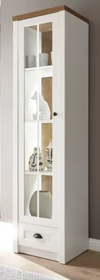 Produktbild von Vitrine "Seyne" in weiß Pinie und Eiche hell Landhaus Vitrinenschrank 50 x 198 cm