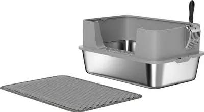 Produktbild von Katzentoilette Edelstahl Offene Katzenklo mit Schaufel hohem Rand Matte für Katzen bis 7 kg 60,2 x 40,2 x 29,5 cm, Grau