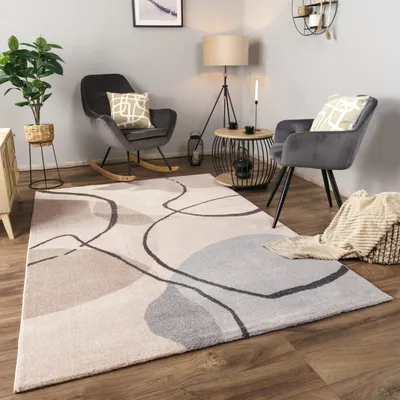 Produktbild von Teppich Kurzflor Abstrakt Wohnzimmer schmutzabweisend Creme Rechteckig 120x170 | 100% Polypropylen | Florhöhe: 12 mm | pflegeleicht, waschbar