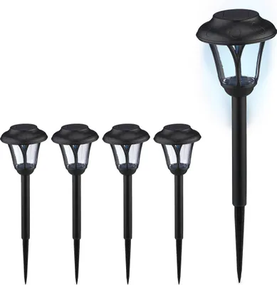 Zdjęcie produktu dla Zestaw 5 lamp solarnych Relaxdays, lampy solarne LED z kołkiem do wbijania w ziemię, wys. x średnica: 39 x 11 cm, nowoczesne oświetlenie ogrodowe, do użytku na zewnątrz, kolor czarny