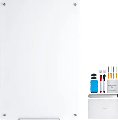 Produktbild von SucceBuy 48"x32" magnetisches Glas-Whiteboard, trocken abwischbares rahmenloses Board, Wandmontage, mit Stiftablage, Radiergummi und 2 Stiften, weiß