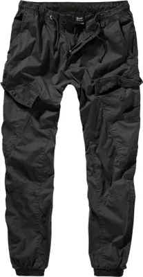 A pair of black cargo pants laid flat against a white background.