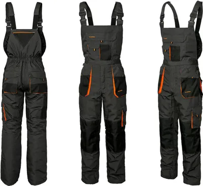 Three views of a pair of dark gray work overalls with orange accents, presented on a white background.