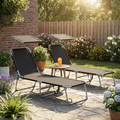 Produktbild von SONGMICS Sonnenliege klappbar, 2er Set, belastbar bis 110 kg, verstellbare Sonnenblende, Rückenlehne, schwarz