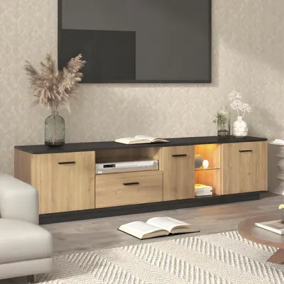 Immagine prodotto di Mobile TV a basso con 2 vani aperti e 15 luci LED, dimensioni 180x40x45 cm, finitura in legno naturale